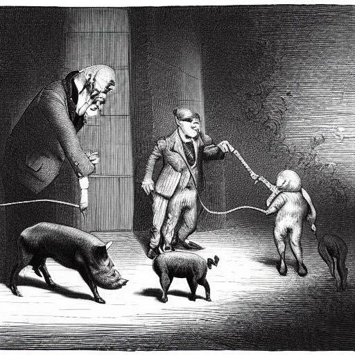 Image similar to a gentleman pig in a tuxedo, leading wild dogs on a leash, creepy, chiaroscuro, dark night, illustration by Gustave Doré,
