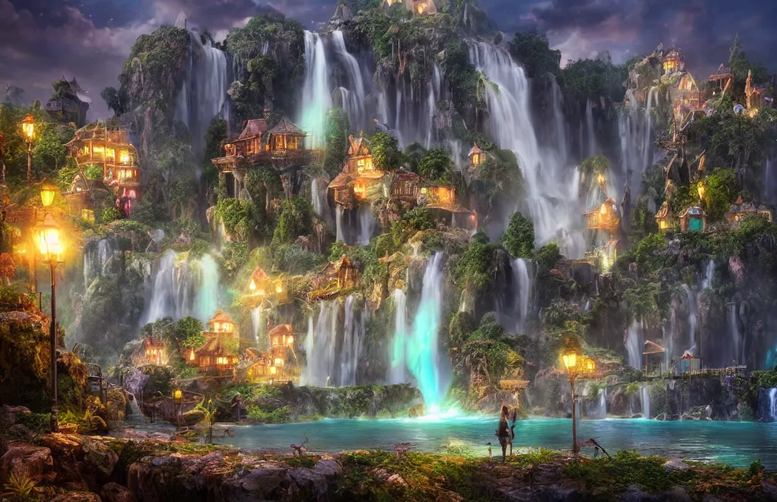 Image similar to magical fantasy town, background : giant bioluminscent waterfall, quaint vibes, epic fantasy, ultra hd render + 4 k uhd + immense detail + very crisp and clear image