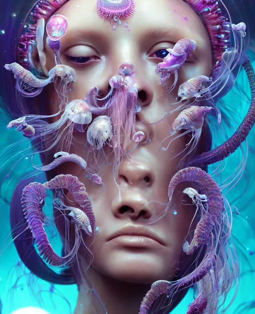Image similar to goddess princess beautiful face close-up portrait ram skull. jellyfish phoenix head, nautilus, orchid, skull, betta fish, bioluminiscent creatures, intricate artwork by Tooth Wu and wlop and beeple. octane render, trending on artstation, greg rutkowski very coherent symmetrical artwork. cinematic, hyper realism, high detail, octane render, 8k