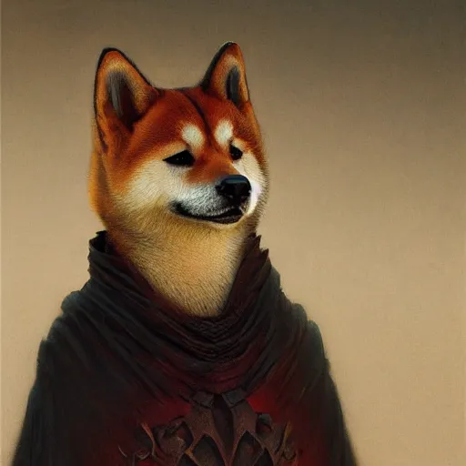 Image similar to realistic anthropomorphic shiba inu, in daedric armor, stuning 3 d render, masterpiece, glowing aura, by donato giancola and greg rutkowski and wayne barlow and zdzisław beksinski, realistic face, visible face, digital art