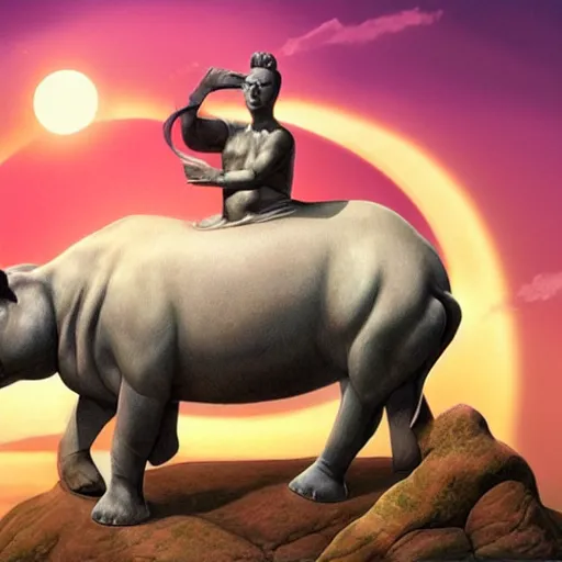 Prompt: a tapir sculpting a stone statue of the lambda symbol, epic sunset in the background, highly detailed digital art by boris vallejo