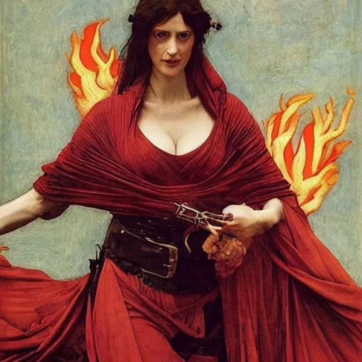 Prompt: eva green as a bandit queen, goddess of fire, fine silk red dress, by edgar maxence and caravaggio and michael whelan and delacroix