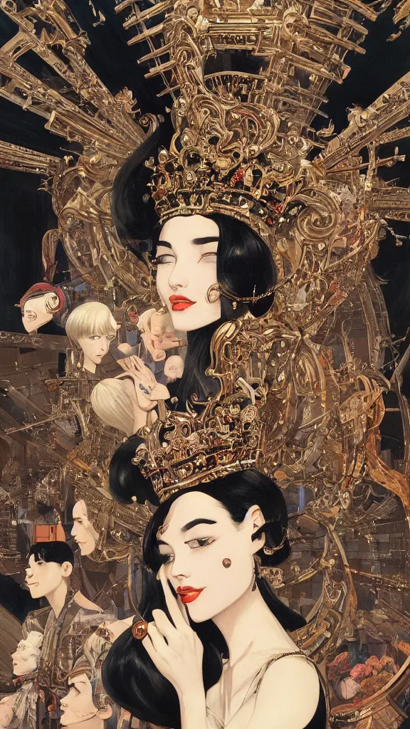 Image similar to a beautiful black haired woman with pale skin and a crown on her head sitted on an intricate metal throne new york circa 1 9 8 4 edward hopper and james gilleard, surreal, open ceiling, highly detailed, airbrush, ilya kuvshinov, wlop, stanley artgerm, very coherent, art by takato yamamoto and james jean