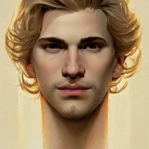 Prompt: Blond Lucius with closed eyes smiling, very detailed sharp angular masculine face, hooked nose and square jaw, long fluffy curly blond hair, light blond hair, NO BEARD, gorgeous, beautiful, intricate, highly detailed, digital painting, artstation, concept art, sharp focus, illustration, art by greg rutkowski and alphonse mucha