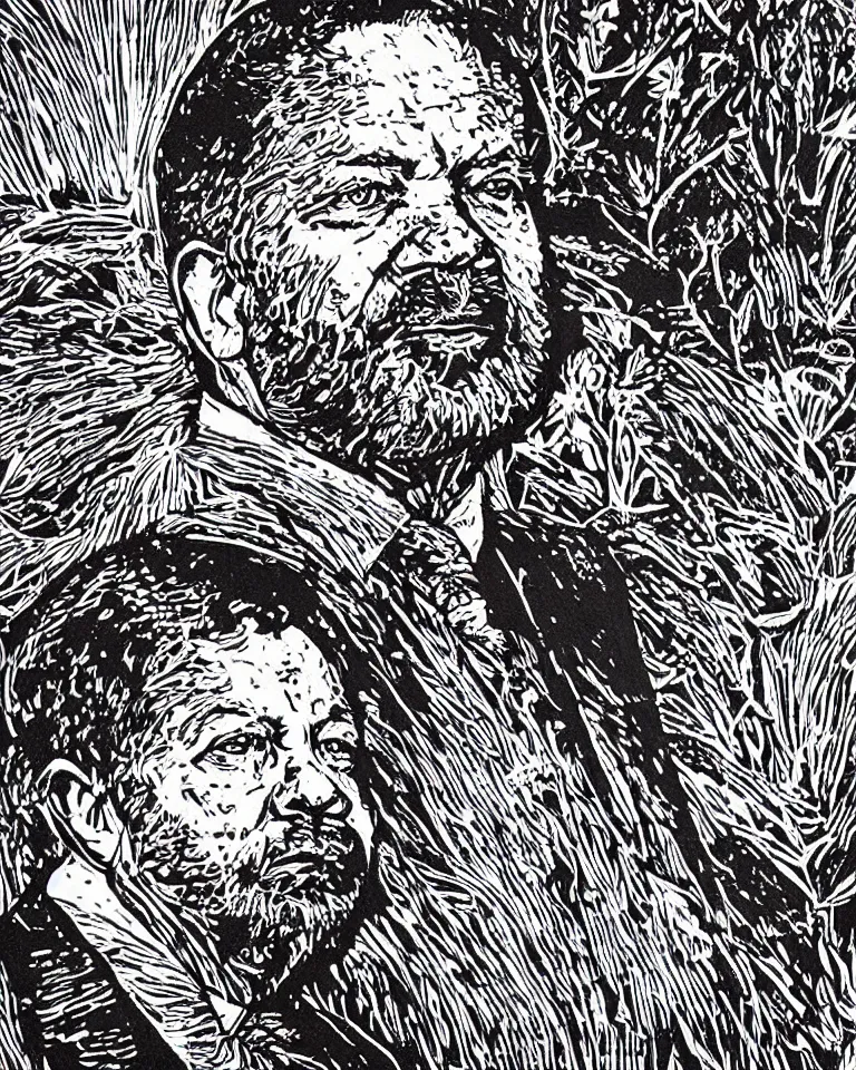 Prompt: a detailed lifelike linocut engraving of president lula