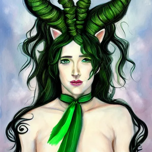 Prompt: a beautiful painting of Ashley Johnson as a satyr with green hair and ribbons, curly horns and goats eyes.