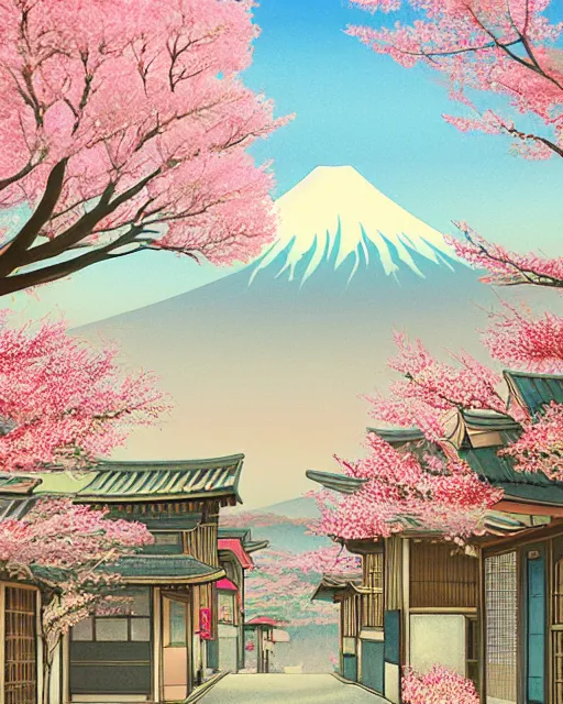 Image similar to artdeco illustration of a street in a quiet japanese village, sakura season, fuji in background. pastel colours. beautiful. artstation, deviantart, pinterest, 5 0 0 px models