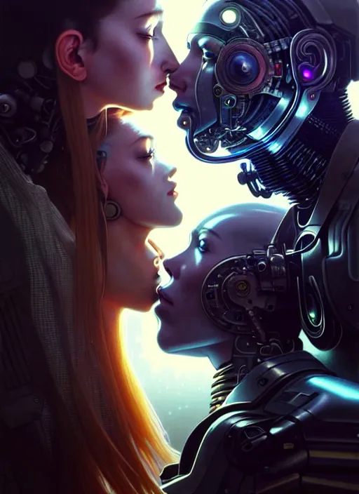 Prompt: ultra realistic medium shot of a couple of cyborgs lovers, kissing, cyberpunk, sci - fi, fantasy, kodak, photorealistic illustration, colour led, soft light, volumetric lighting, night, intricate, highly detailed, digital painting, concept art, smooth, sharp focus, illustration, art by artgerm and greg rutkowski and alphonse mucha