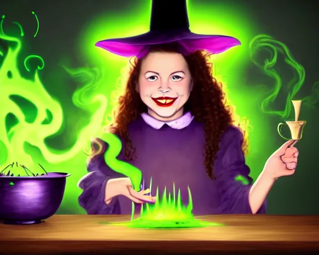 Prompt: close up portrait, happy teen witch and her cat mixing a spell in a cauldron, faint wispy green and purple smoke fills the air, a witch hat, cinematic, green glowing smoke is coming out of the cauldron, strange ingredients on the table, strange apothecary shelves in the background, scary stories to tell in the dark