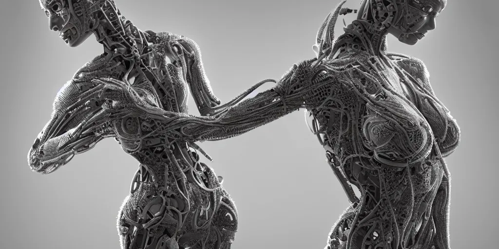 Prompt: hyperrealistic photography of a female cyborg humanoid, back arched, holding,, grasping, highly detailed intricate filigree, in the style of beth cavener, jin kagetsu, wlop,, symmetry, masterpiece, concept art, ringflash, highkey lighting, ambient lighting, hard key light, octane render, 8 k, artstation