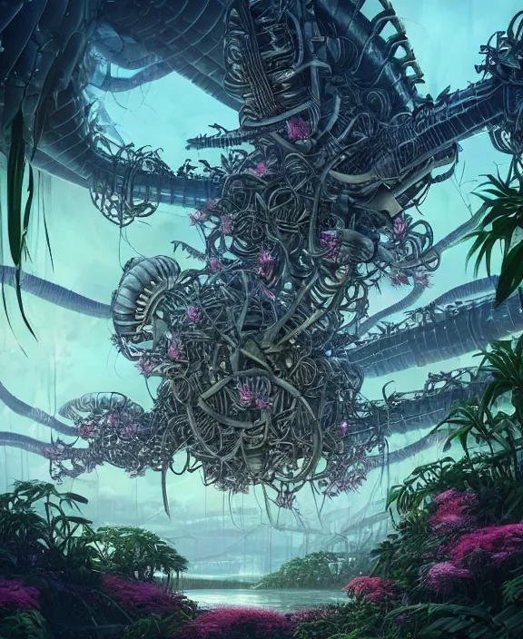 Prompt: a giant weird industrial plant made out of isopod dragonflies, in the style of a strange asymmetrical spaceship, overgrown with disturbing orchids, partly cloudy, somber, dramatic lighting, by dan mumford, yusuke murata, makoto shinkai, ross tran, cinematic, unreal engine, cel shaded, featured on artstation, pixiv