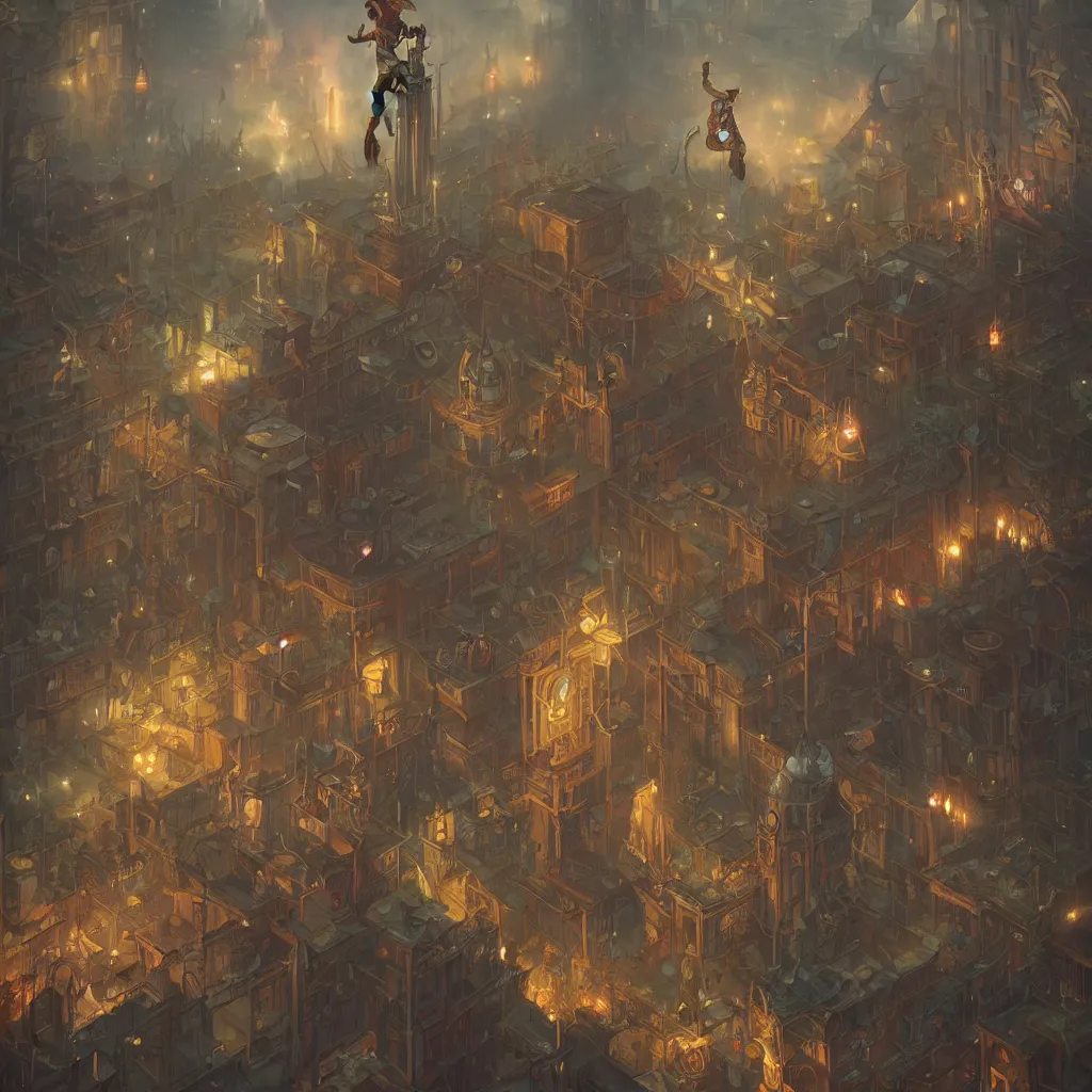 Image similar to tarot the fool standing in a steampunk city by peter mohrbacher and dan mumford and nekro, cgsociety, volumetric light, 3 d render