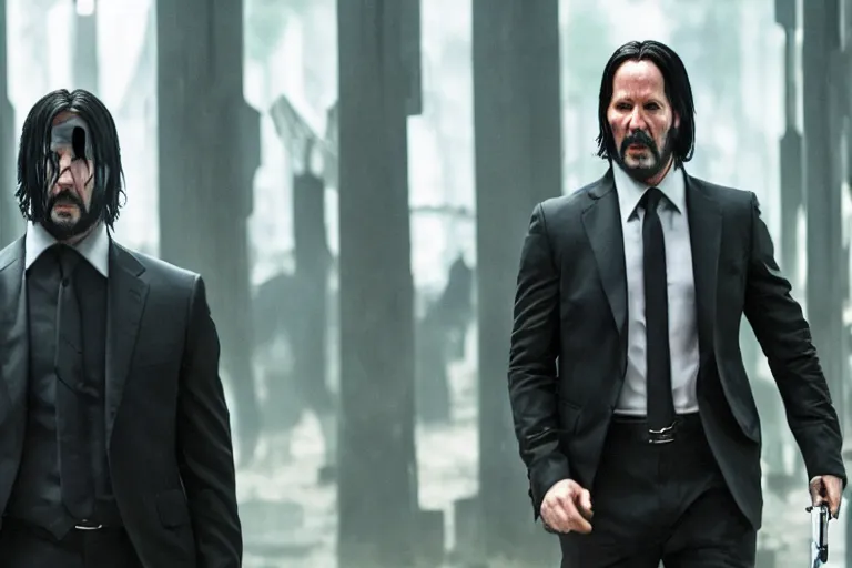 Image similar to John wick in the matrix fighting agent smith, cinematic