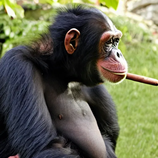 Image similar to a high detail closeup shot of a chimp wearing a suit, smoking a cigar