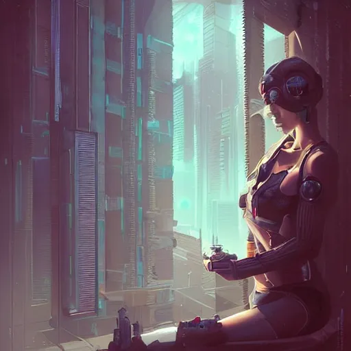 Image similar to portrait of cyberpunk woman looking out of a window, cyberpunk setting, futuristic, highly detailed, intricate lighting, digital painting, sharp focus, illustration, trending on artstation, art by peter mohrbacher.