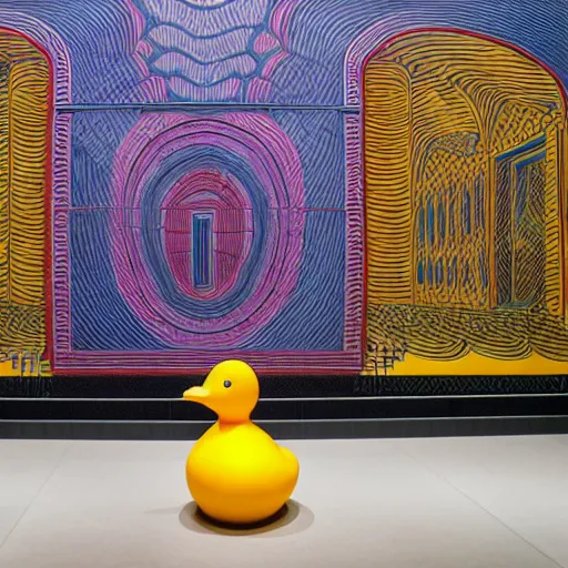 Image similar to wide shot, one photorealistic rubber duck in foreground on a pedestal in an cavernous museum gallery, metropolitan museum of art, the walls are covered with colorful geometric wall paintings in the style of sol lewitt, tall arched stone doorways, through the doorways are more wall paintings in the style of sol lewitt.