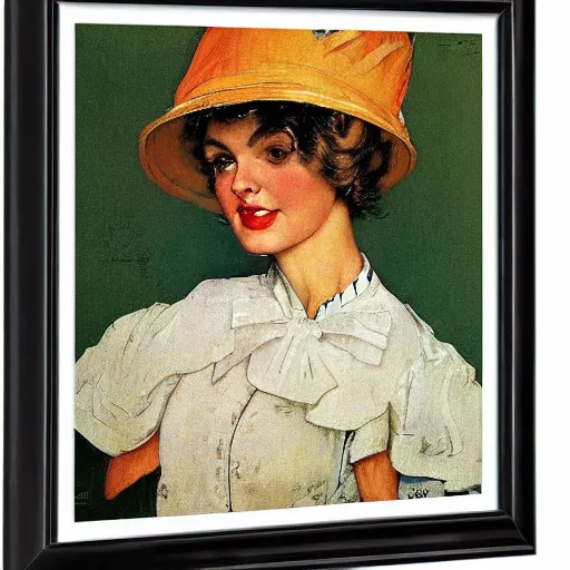 Prompt: frontal portrait of a woman with a giant, ridiculous hat, by norman rockwell
