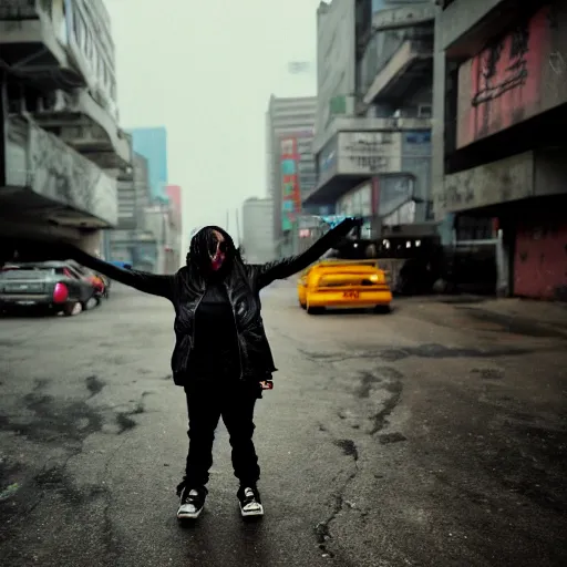 Prompt: Cinestill 50d candid extreme wide shot of a poor techwear mixed woman wearing makeup crying outside of a futuristic city on fire, cyberpunk, tattoos, homeless tents on the side of the road, military police, 4k, extreme long shot, desaturated, full shot, action shot, blurry, 4k, 8k, hd, full color