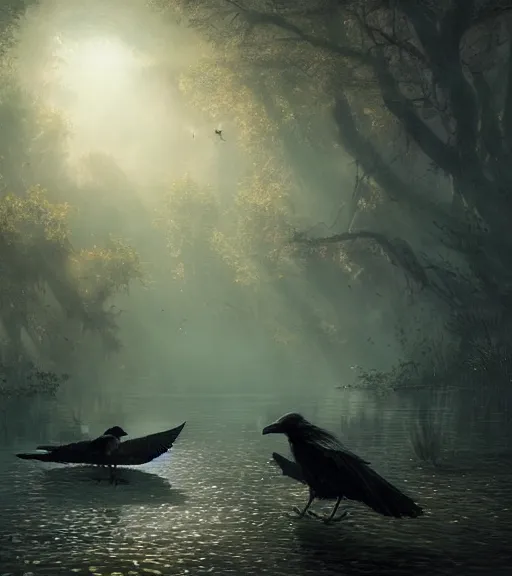 Image similar to three crows in a little boat in a swamp, volumetric lighting, majestic light, octane render, ethereal glare of the sun, hyperrealistic, epic, masterpiece, by greg rutkowski