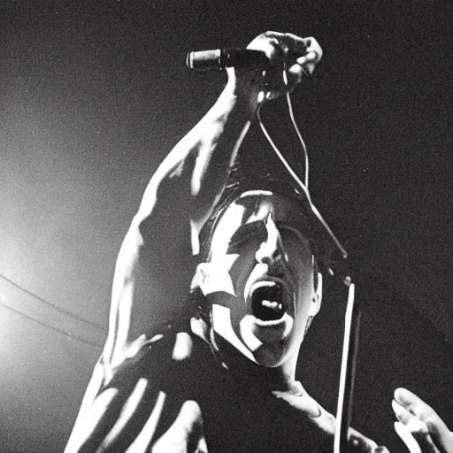 Prompt: Trent Reznor screaming and smashing a guitar on a synthesizer, ultrafine detail, high contrast, projections, associated press photo, masterpiece