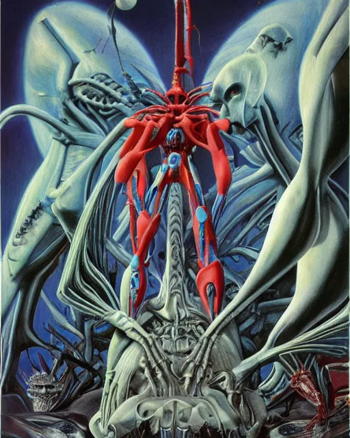 Image similar to evangelion by hr giger, by roger dean, by julie bell, 4 k, hyper detailed