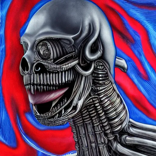 Image similar to anatomically correct diagram of 4 legged alien, hyperrealistic rendering, h. r. giger, perfection, red and blue, smoke in air, monster, scary, beautiful, high detail, cinematic