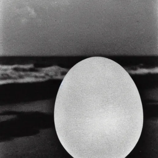 Prompt: an early 1 9 0 0 s photograph of an alien hatching from a levitating luminescent alien egg on the beach, moonlight, at nighttime,