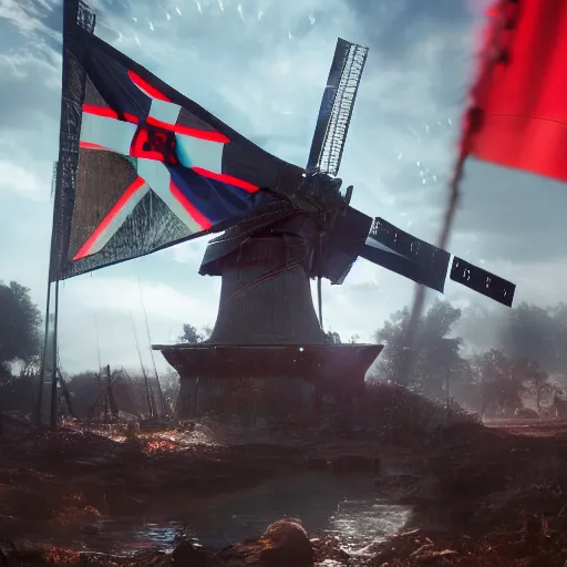 Image similar to dutch gundam as dutch windmill in gears of war, netherlands, dutch flag, splash art, movie still, cinematic lighting, ray tracing, octane render, long lens, shallow depth of field, bokeh, anamorphic lens flare, 8 k, hyper detailed, 3 5 mm film grain