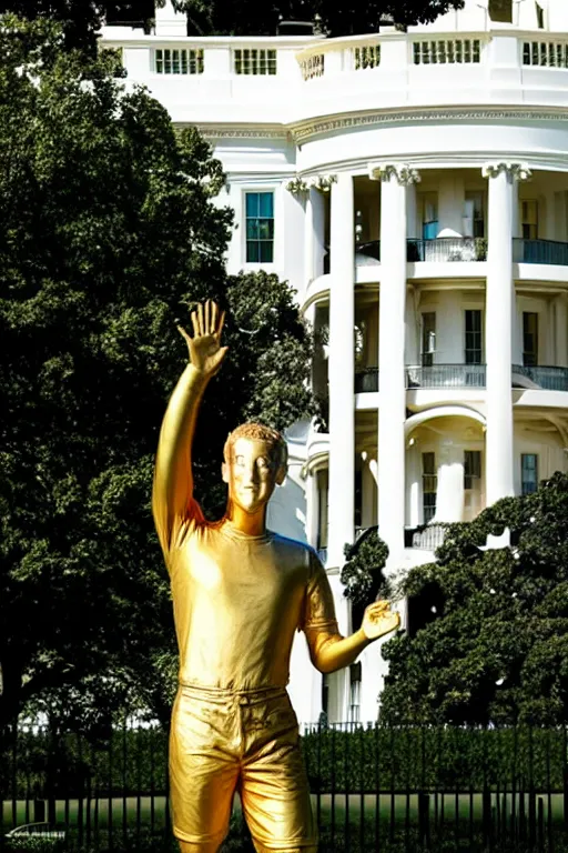 Image similar to A beautiful gold statue of Mark Zuckerberg in front of the White House, photo by Steve McCurry, heroic pose, detailed, smooth, smiling, professional photographer