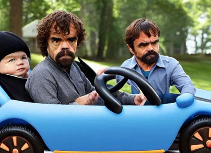 Image similar to peter dinklage and burt reynolds driving a little tikes cozy coupe, movie still, from the new smokey and the bandit, 8 k, realistic