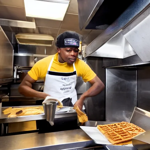 Image similar to wafflehouse restaurant employee inside a Wafflehouse cooking food on a Wafflehouse flat top grill