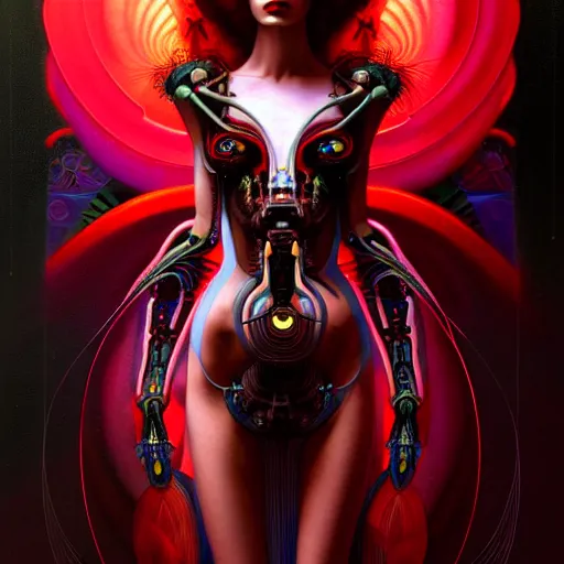 Prompt: extremely psychedelic beautiful cyborg queen of lsd infected by night. intricate, elegant, highly detailed, extremely lifelike photorealistic digital painting, artstation. steichen, gaston bussiere, tom bagshaw, cyberpunk alphonse mucha. elegant minimalism. anatomically correct. sultry. sharp focus. black, red accents. surreal lush hallucination