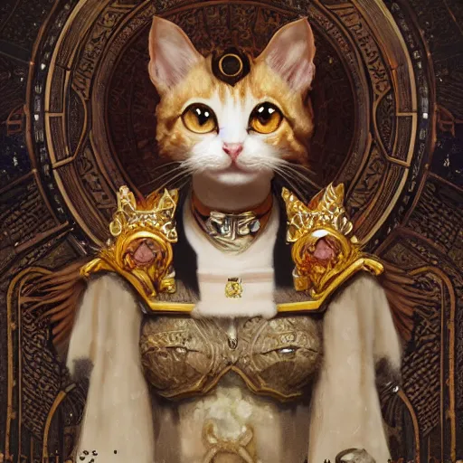 Image similar to A heraldic queen kitty cat with big cute eyes, D&D, fantasy, intricate, cinematic lighting, highly detailed, digital painting, artstation, concept art, smooth, sharp focus, illustration, art by Akihiko Yoshida, Greg Rutkowski and Alphonse Mucha