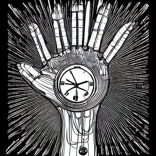 Image similar to streampunk clockwork hand, black and white line art