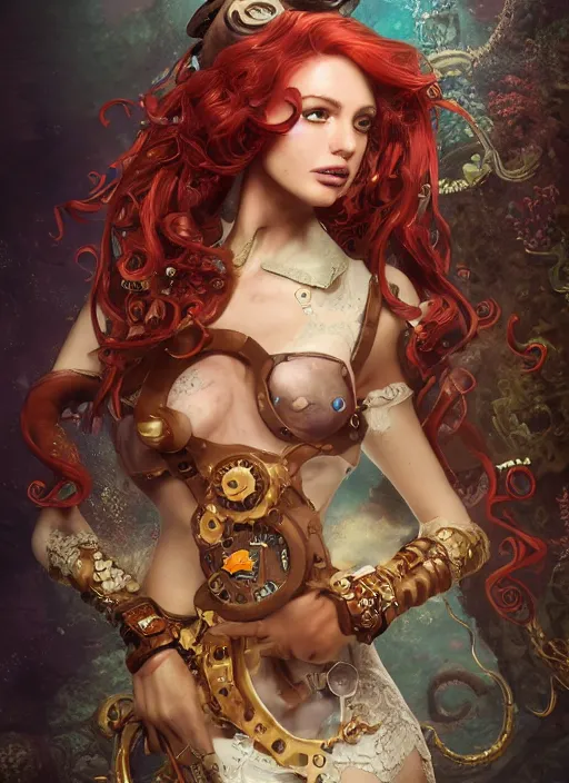 Image similar to underwater steampunk portrait of arianna grande, red hair, octopus, hyper detailed, digital art, cinematic lighting, studio quality, smooth render, unreal engine 5, octane rendered, art style by klimt and nixeu and ian sprigger and wlop and krenz cushart.