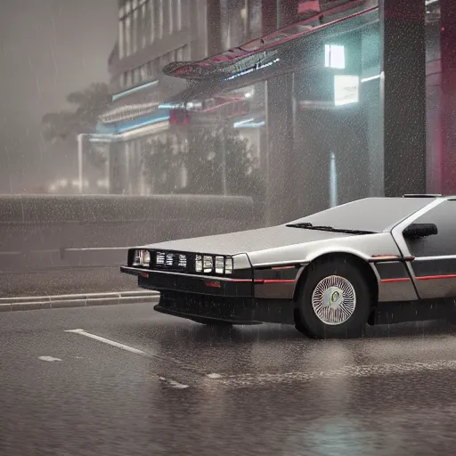 Image similar to hyperdetailed, photorealistic photograph of a dmc 1 2 delorean driving in the streets, rain, night, dense fog, hd, unreal engine 5