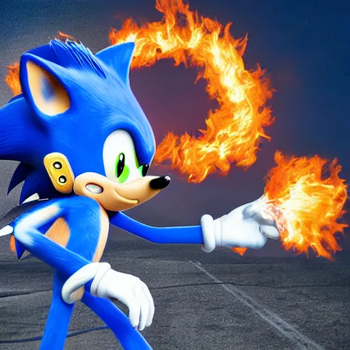 Image similar to Sonic the hedgehog with a flamethrower, award winning photograph, digital art, powerful flamethrower