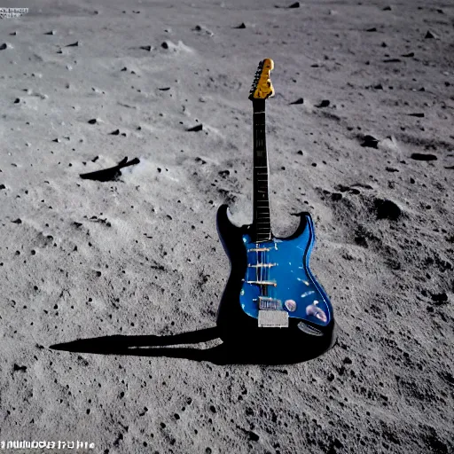 Prompt: real photo of a stratocaster electric guitar sitting idle on the moon. detailed. 8k