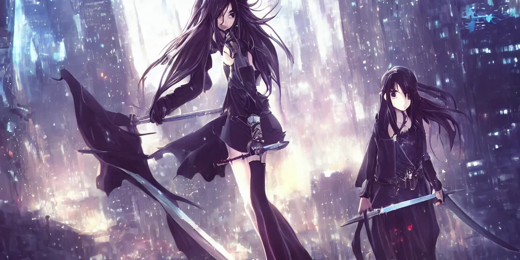 Image similar to girl with long black hair and a long black sword in front of a sci fi cityscape, ryohei fuke, makoto shinkai, detailed, cinematic, ultra - wide angle, dark sepia toned shading, luminescent eyes, blue fire.