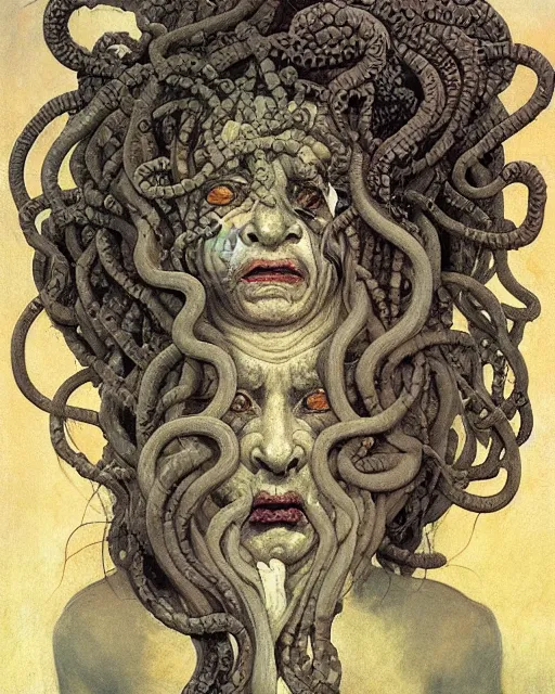 Image similar to portrait of Medusa from Greek mythology, as an old mean woman, with snakes for hair, Francisco Goya painting, part by Beksiński and EdvardMunch, part by Takato Yamamoto and Peter Mohrbacher, Francis Bacon masterpiece