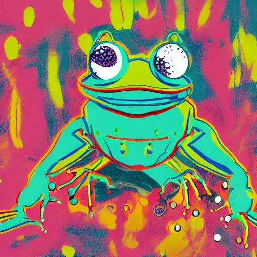 Image similar to illustration of cyberpunk frog, colorful splatters, by andy warhol and by zac retz and by kezie demessance