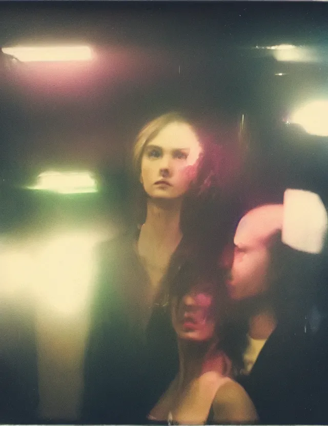Image similar to wide angle, polaroid photograph with flash, in nyc subway couple of man and woman surrounded by aura light, cool colors, bleached, kodak film stock, hyper real, stunning moody cinematography, with anamorphic lenses, by maripol, detailed