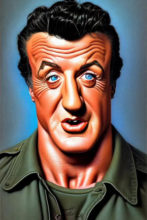 Image similar to portrait of sylvester stallone by gil elvgren and norman rockwell and rob gonsalves and hajime sorayama, hyperrealistic, high detail, ultra detailed, highly detailed face