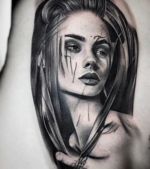 Image similar to a beautiful woman face against a background of beautiful mountains, tattoo design sketch, amazing blend effect, hyper - realistic, in the style of matteo pasqualin, amazing detail, black and white
