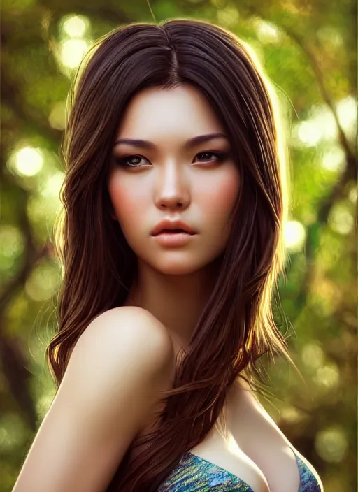 Image similar to photo of a gorgeous female in the style of stefan kostic, realistic, half body shot, sharp focus, 8 k high definition, insanely detailed, intricate, elegant, art by stanley lau and artgerm, extreme bokeh foliage