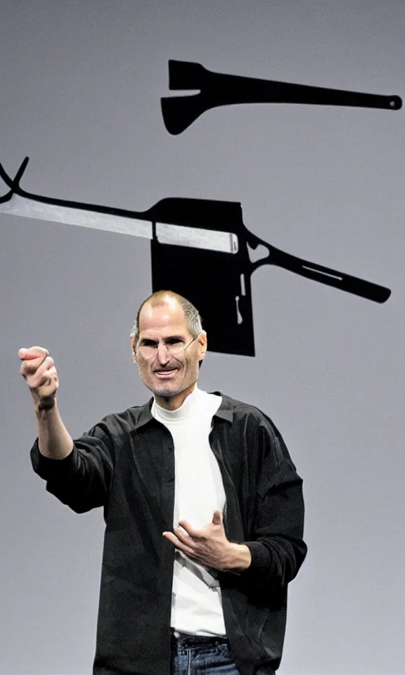Image similar to steve jobs revealing their new hand saw at a keynote, press photo