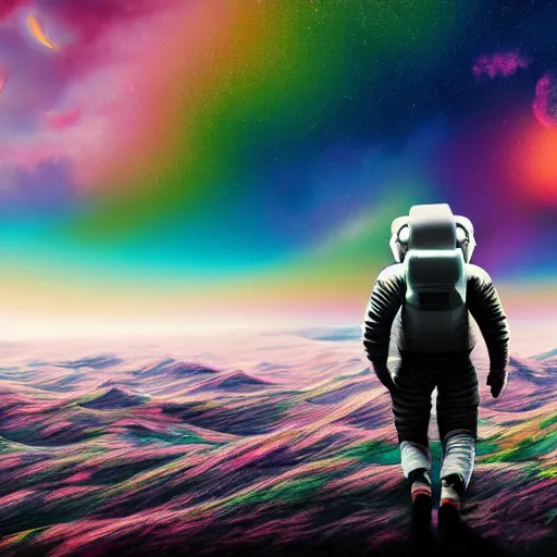Prompt: a futuristic detailed astronaut walking on an alien psychedelic planet with strange colorful clouds and mountains, 8 k
