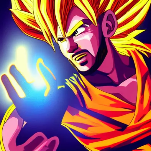 Prompt: Lebron James Lebron James Lebron James Lebron James Lebron James cosplay as Super saiyan Goku, light shining, glowing body, detailed digital art, colourful masterpiece beautiful beautiful beautiful