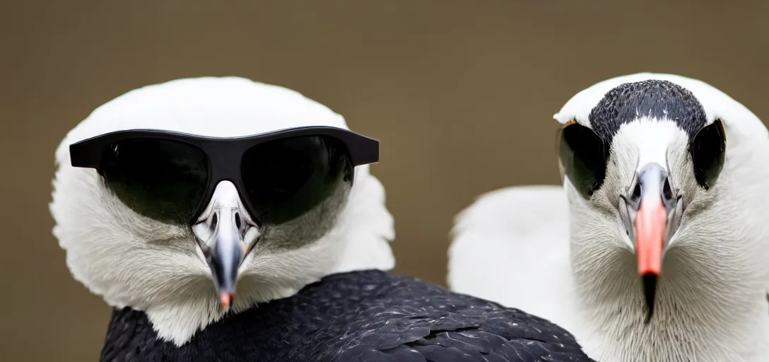 Prompt: close up wide fov shot of a suspicious goose wearing shades. 8 k photography, depth of field, canon dslr