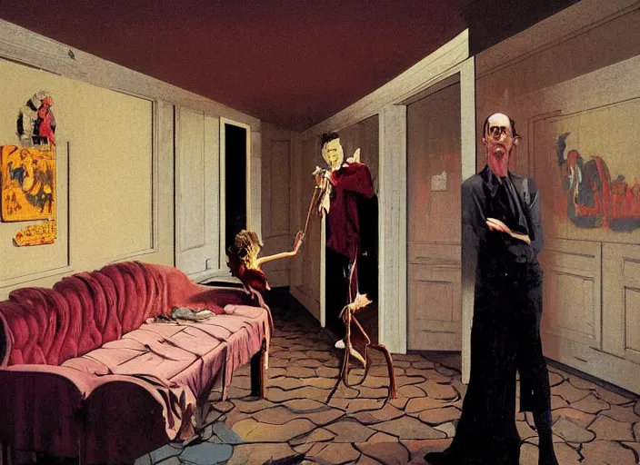 Prompt: a still from the film the shining by francis bacon, surreal forest, norman rockwell and james jean, greg hildebrandt, and mark brooks, triadic color scheme, by greg rutkowski, in the style of francis bacon and syd mead and edward hopper and norman rockwell and beksinski, dark surrealism, open ceiling